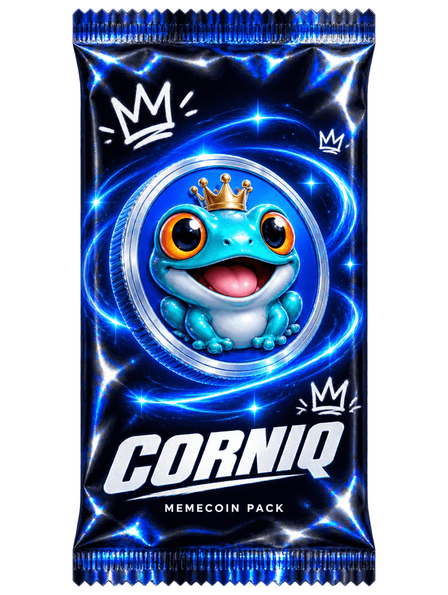Sealed CORNIQ memecoin pack with a crowned frog coin
